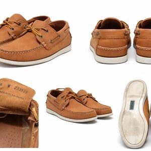 L.L.Bean Boat Shoes Womens 6W Wide Tan Leather Lace Up Moc Toe Loafers